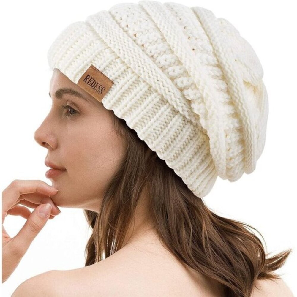 Women's White REDESS Slouchy Beanie Chunky Soft Oversized Cable Knit Cap